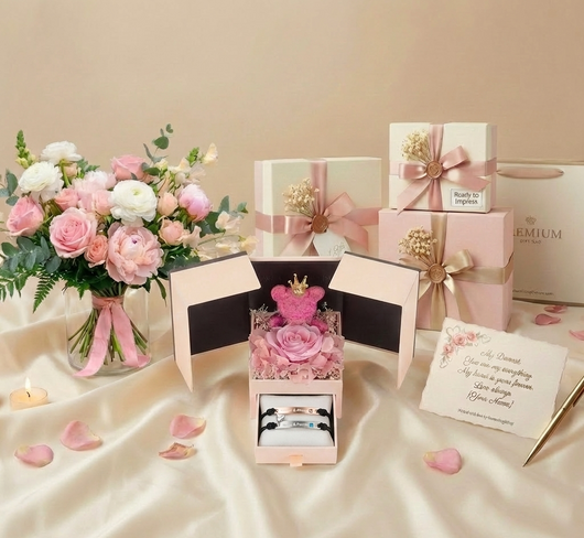 Magnetic Heart Charm Couple Bracelets with Rose Gift Box